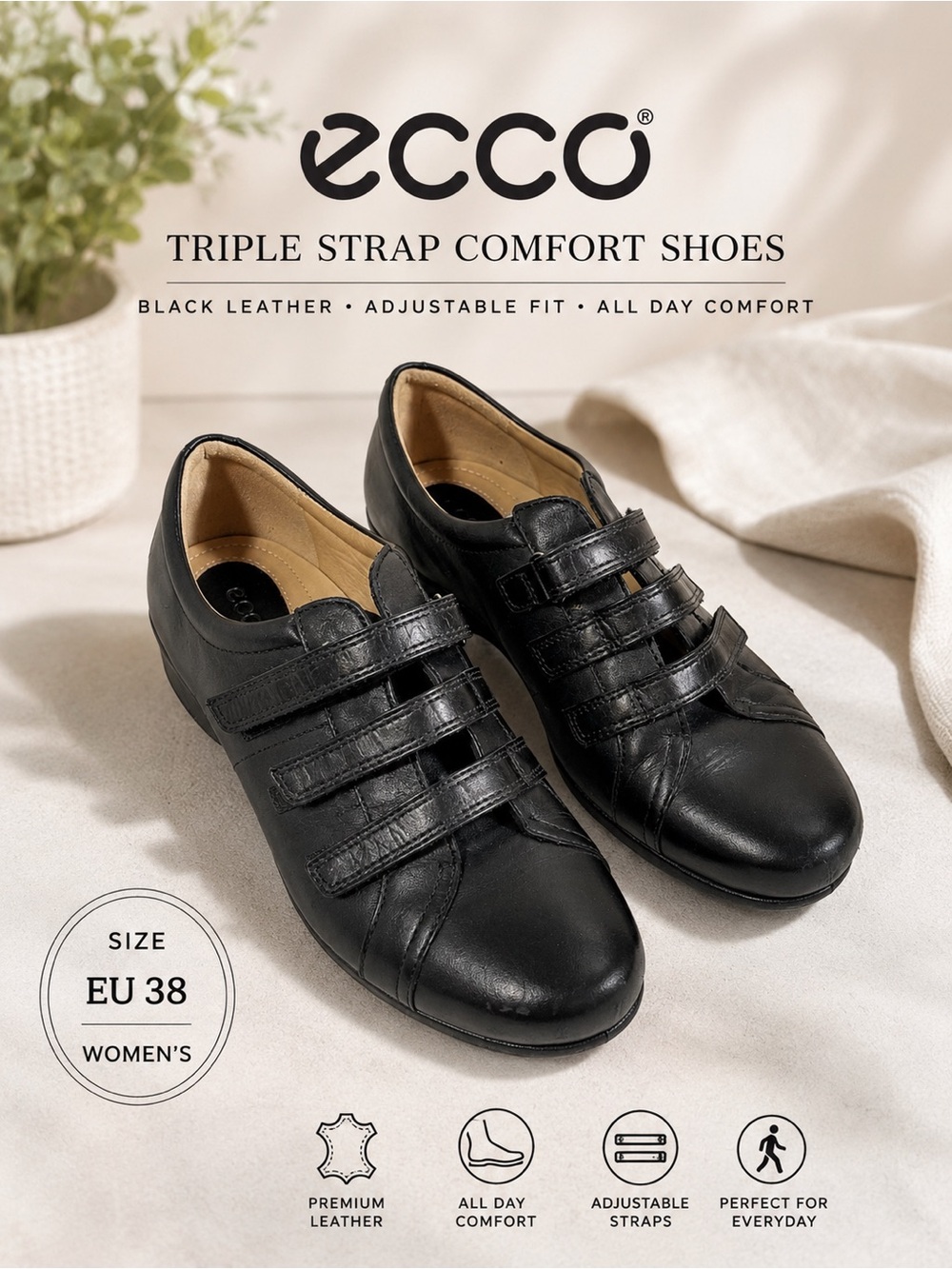 ECCO Women’s Black Leather Triple Strap Comfort Shoes EU 38